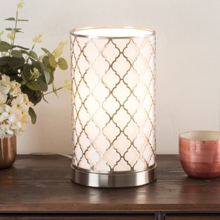 HASTINGS HOME LED Uplight Table Lamp with Steel Finish, Fabric Overwrap, Laser Cut Quatrefoil Pattern for Home 458796FTR